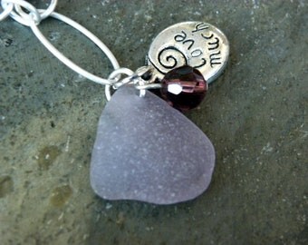 Purple, lavender, amethyst sea glass pendant with charm