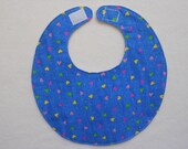 Baby Bib, four soft layers, reversible, blue with pink, green, and yellow hearts