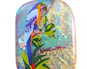 Fused Dichroic Glass Necklace Pendant Tropical Bird in Green Gold Blue  Statement Jewelry  512