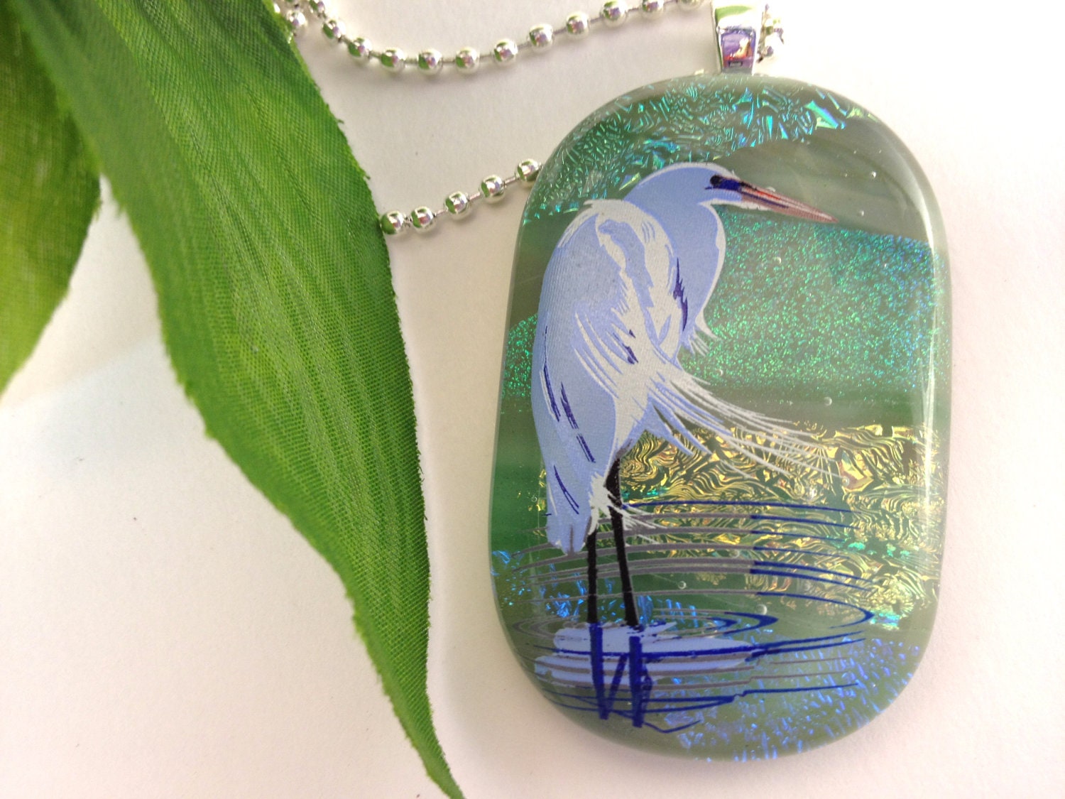Fused Dichroic Glass Necklace Pendant White Crane in Green Gold Blue  Statement Jewelry  033