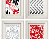 Set of Four Modern Red/Black Wall Art - Print Set - Home Decor - 8x11 Print (Unframed)