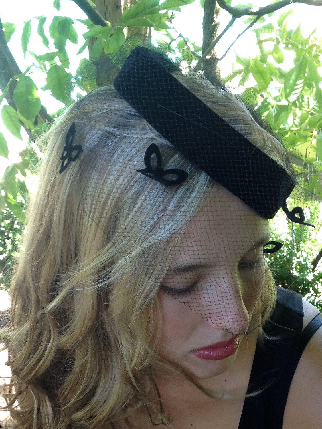 Vintage Halo Velvet Hat with Veil and Butterfly Accents