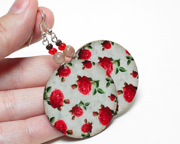 Red Roses dangle  Round decoupage earrings Floral motif deep red,  gift for her under 25