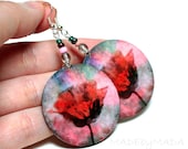 Pastel Tulip dangle  Round decoupage earrings Floral motif deep red,  gift for her under 25