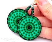 Fluo Emerald green mandala Earrings Round decoupage jewelry green black