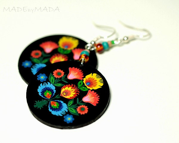 Folk Flowers polish folk art motif Earrings Round and Colorful black orange blue green, gift under 25