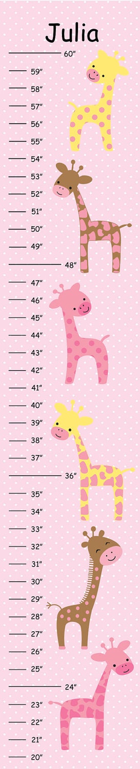 Personalized Girly Giraffes with Pink Polka Dot Background Canvas Growth Chart - Ribbon