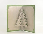 CHRISTMAS TREE 3D Pop Up Greeting Card Home Décor Handmade Origamic Architecture in Metallic Silver Grey and Shimmery Bright Green.
