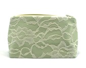 Bridesmaid Gift Cosmetic Bag in Sage / Bamboo Green & Ivory Lace - Wedding Favor, Bridal Accessory, Wedding Party Gift, BULK PRICING