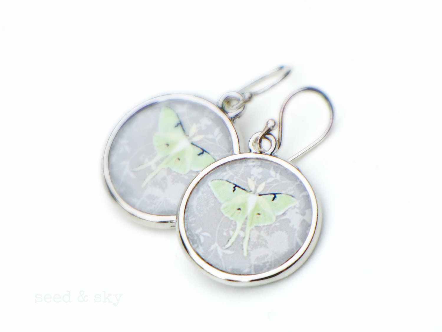 LUNA MOTH EARRINGS -  Double Sided Mint Green Gray Grey Jewelry - Butterfly Moth Earrings - elegant gray jewelry - SeedandSky