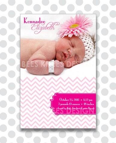Birth Announcement Printable Baby Girl Customized Hot Pink chevron pattern