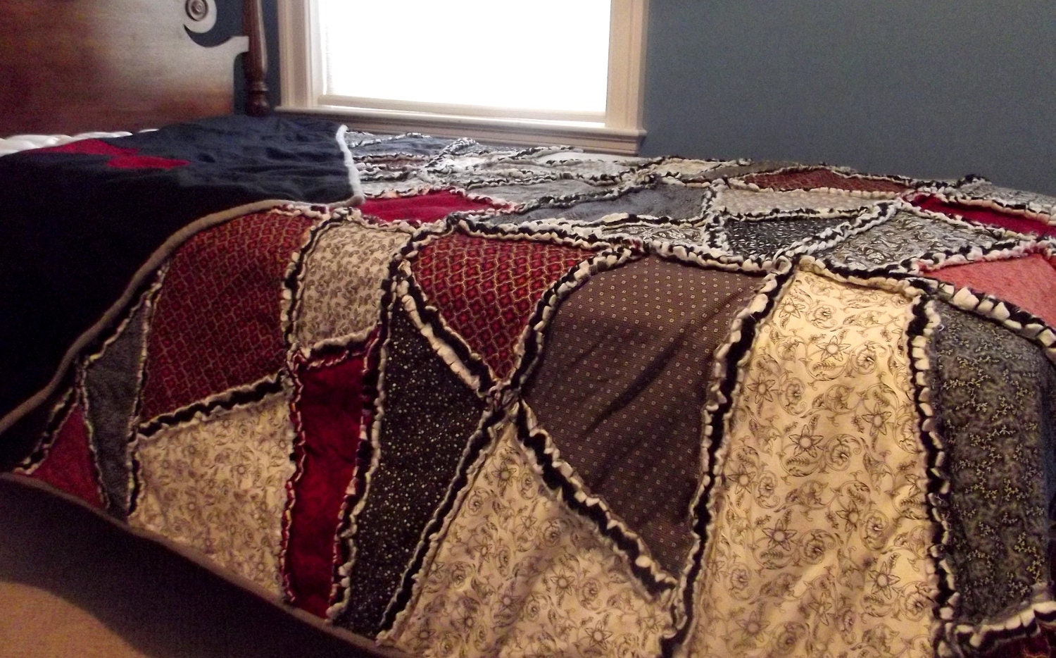 autumn crazy rag quilt, urban country, extra long twin quilt, grey, black, white, dark red