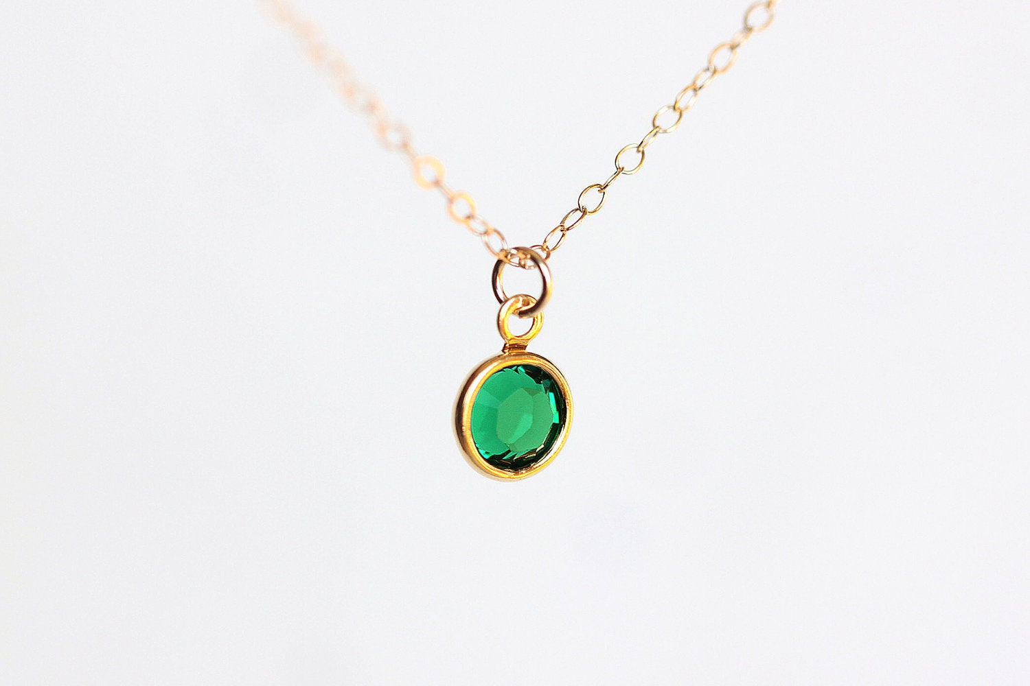 Emerald Crystal Necklace - tiny  May birthstone emerald green crystal charm on delicate 14k gold filled chain