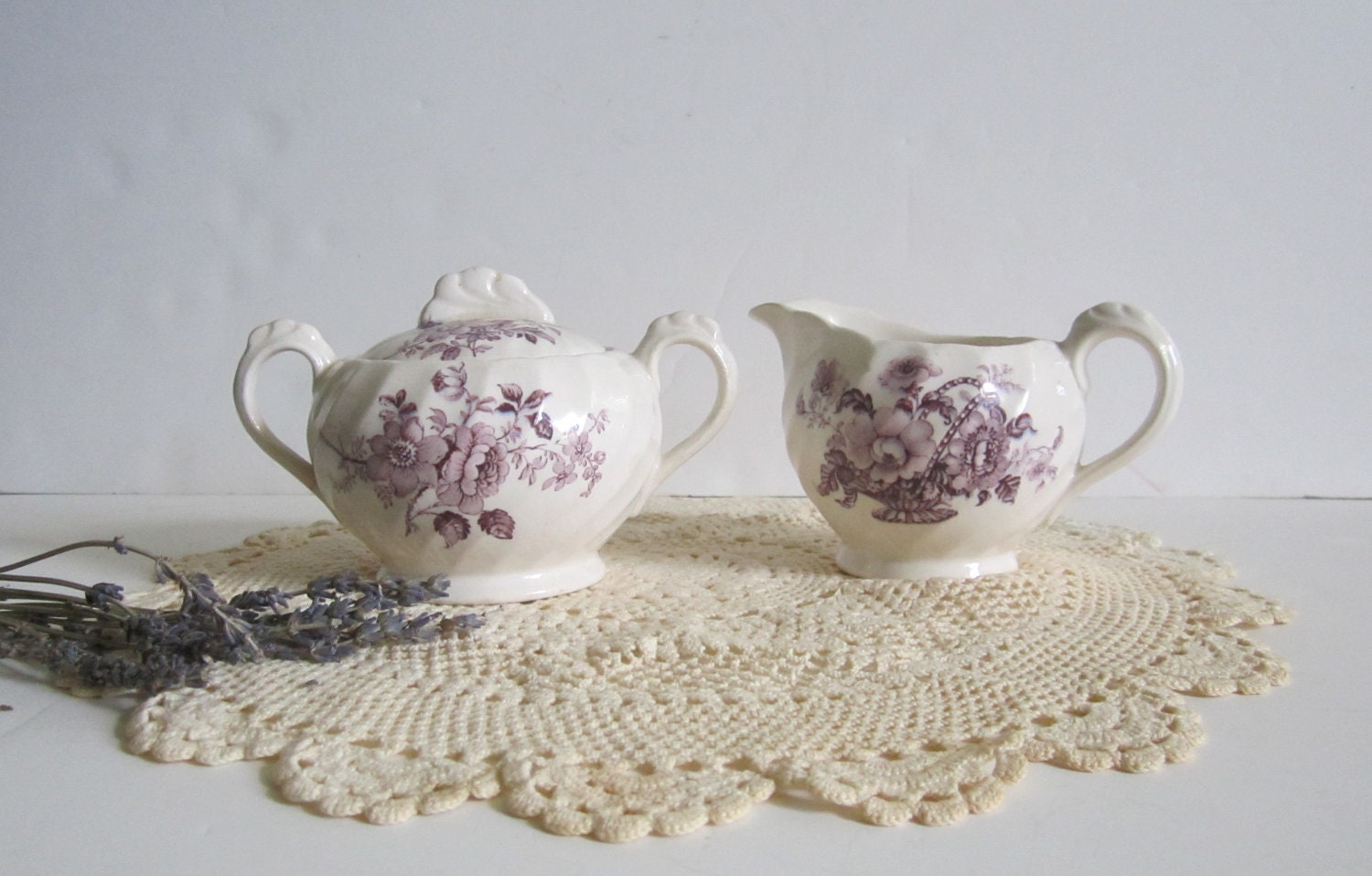 VALENTINE'S DAY SALE - Vintage Clarice Cliff Royal Staffordshire Cream and Sugar Lavender Transferware