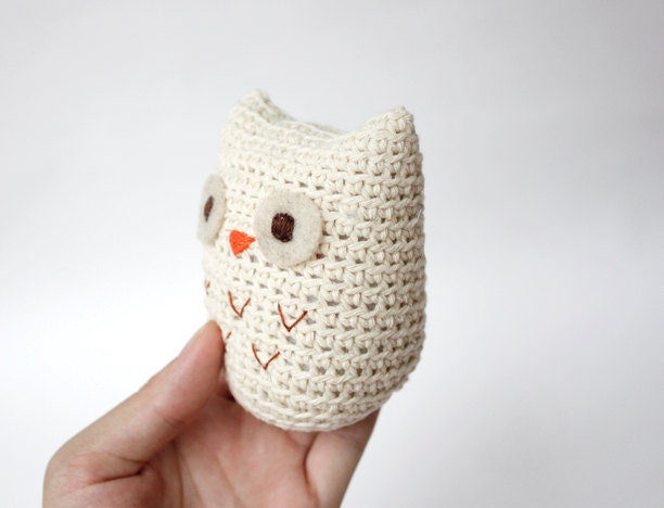 Unbleached Cotton Crochet Amigurumi Owl - Beige, Cream, Off White Owl Stuffed Doll - MADE TO ORDER