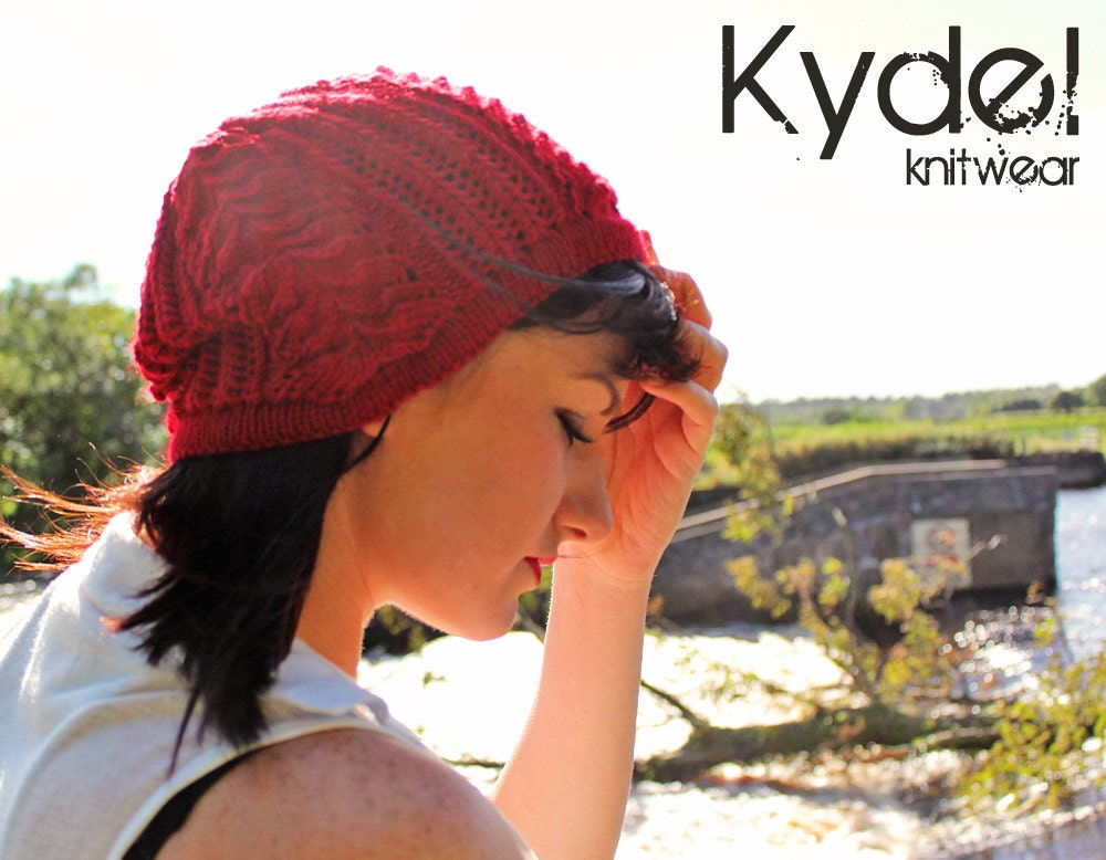 Beanie Hat Slouchy Red Womens Hand Knit Winter Accessories Lacy Slouched Lace Spring Fall Autumn Fashion