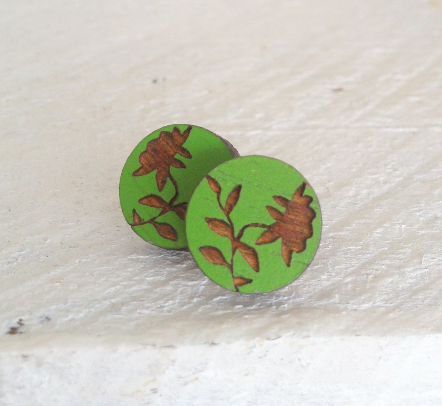 Hand Painted Peony  Wooden Studs in Forest Green - Laser Cut Wood