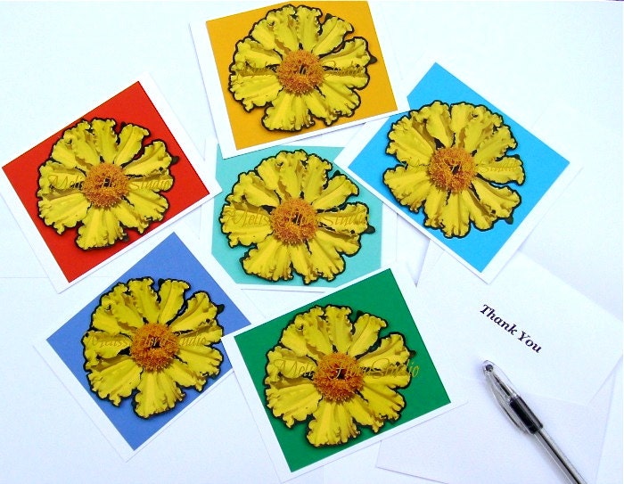 Bright Yellow Daisy Note Cards - Thank You or Blank - Flower Power Spring Colors - Set  of Six