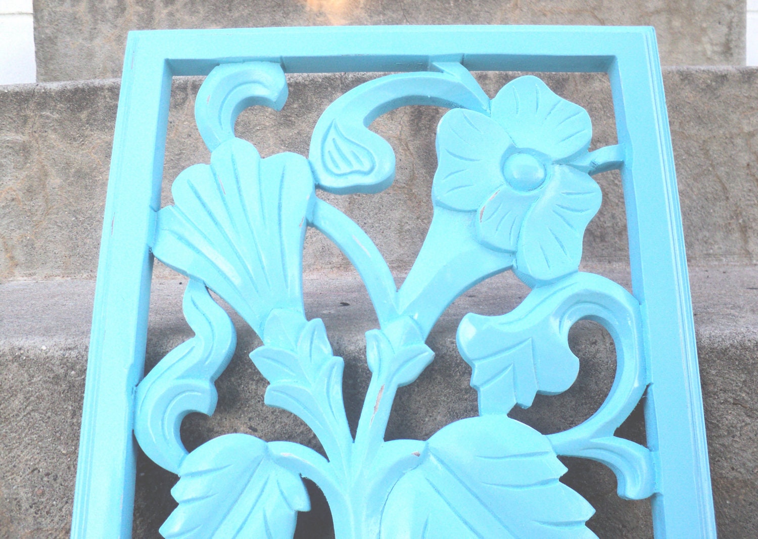 Aqua Carved Wood Wall Hanging Beach Cottage Coastal