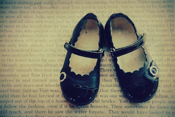 still life photography, school shoes, black, ecru, letters, antique, mary janes, vintage, book, fall - School Shoes, 8x12 photograph