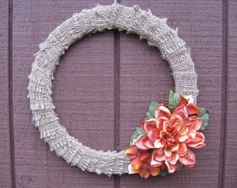 Rustic Burlap & Orange Wreath. 12 inch. With Wood Leaves and Berries. Custom Orders WELCOME