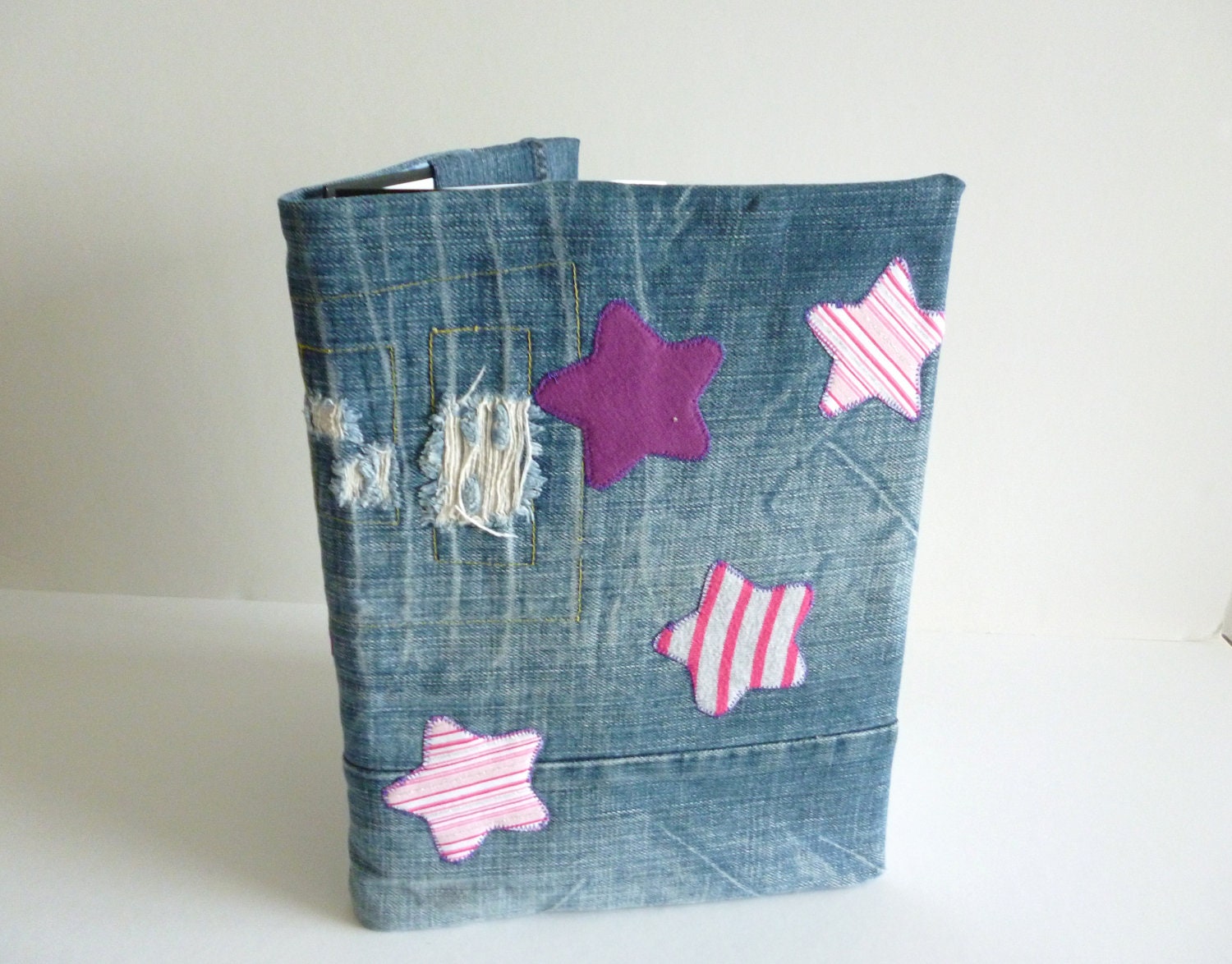 Denim cover notebook - stars -  eco friendly recycled jeans t shirts - large journal with denim cover -