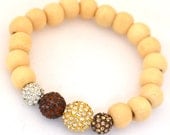 Natural Wood Beaded Bracelet  with Gold, Silver, Topaz and Chocolate Pave Rhinestone Beads