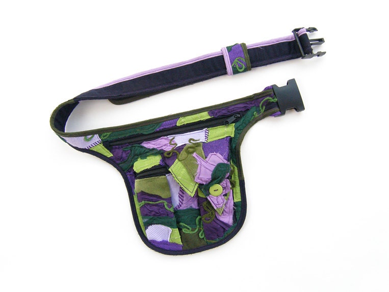Fairy belt bag - Patchwork fanny pack - Green purple pocket belt - Woodland bag