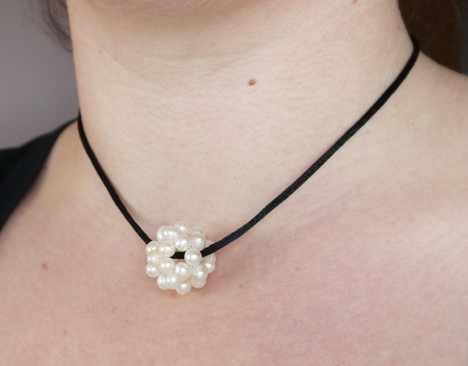 ivory pearl cluster necklace - hand tied ivory round pearl sphere ball with black satin cord and gold fittings