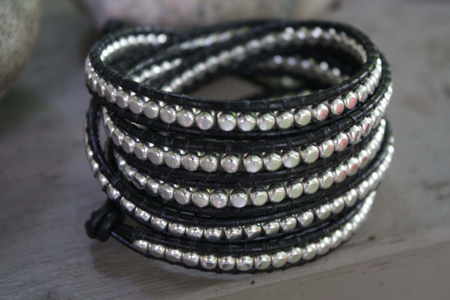 5x Wrap Silver Rounded Cube Beaded Black Leather Wrap Bracelet - Chan Luu Style