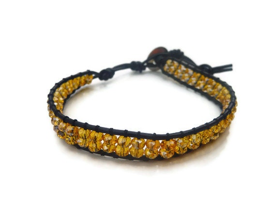Chan luu inspired beaded leather wrap bracelet .Wrap Bracelet.Yellow Crystal Beads on Black Leather Cord.
