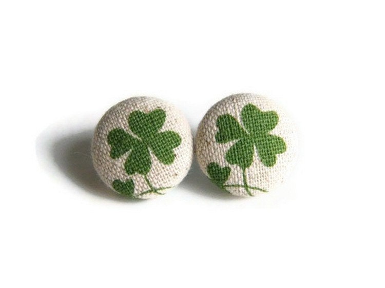 Button Earrings Green Clover Fabric Button - JoannaBizu