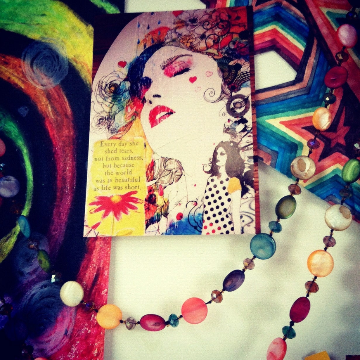 Colorful, Beautiful World Post Card, Life is Short: Collage On High Quality Recycled Cardstock