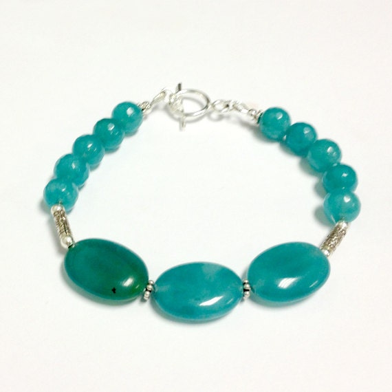 Blue Bracelet Jade Jewellery Sterling Silver 925 Gemstone Jewelry Beaded Stone Bracelet Everyday
