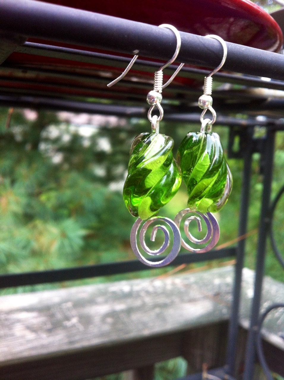 Green Spiral Earrings, Whimsical Spiral Earrings, Green Glass Earrings