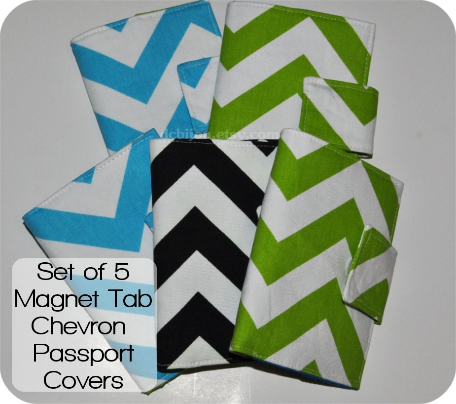 Set of 5 Chevron Print Passport Covers. Magnet Tab Closure. Design Your Own.