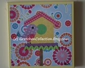 FREE SHIPPING: Bird House Spring Flower Art Block Paper Painting, cute decoration, teacher or hostess gift, by The Gretchen Collection