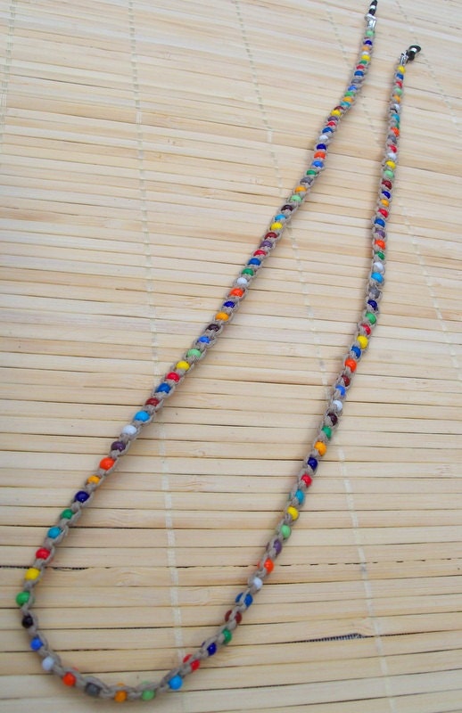Hemp and Bead Eyeglass Chain, Macrame, rainbow hues