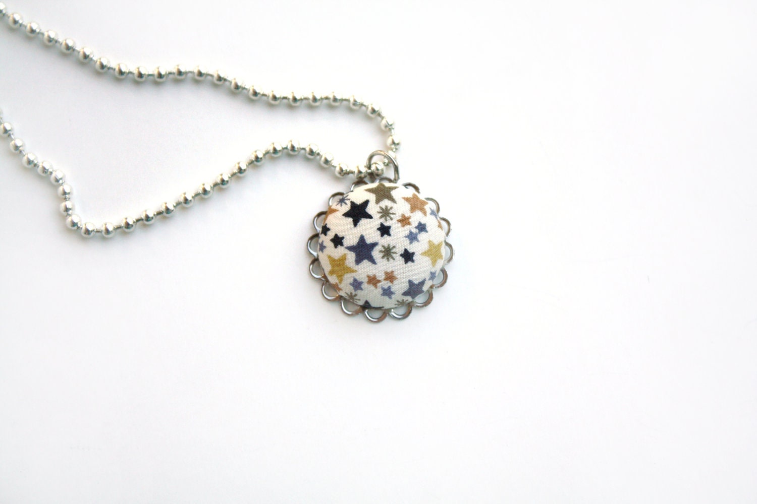 Stars Necklace Jewelry Pendant, Ball Chain,  Fabric, Covered Button