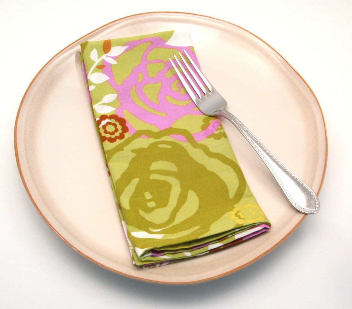 Green and Lilac Cloth Napkins, Floral Napkins, 18 Inch, Set of Four
