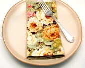 Green Shabby Chic Cloth Napkins, Pink and Peach Roses, Made to Order, 18 Inch, Set of Four