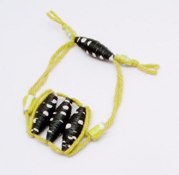 Brown and Lime Handmade Fabric Bead Bracelet, Fiber Cuff, Paper Bead Jewelry