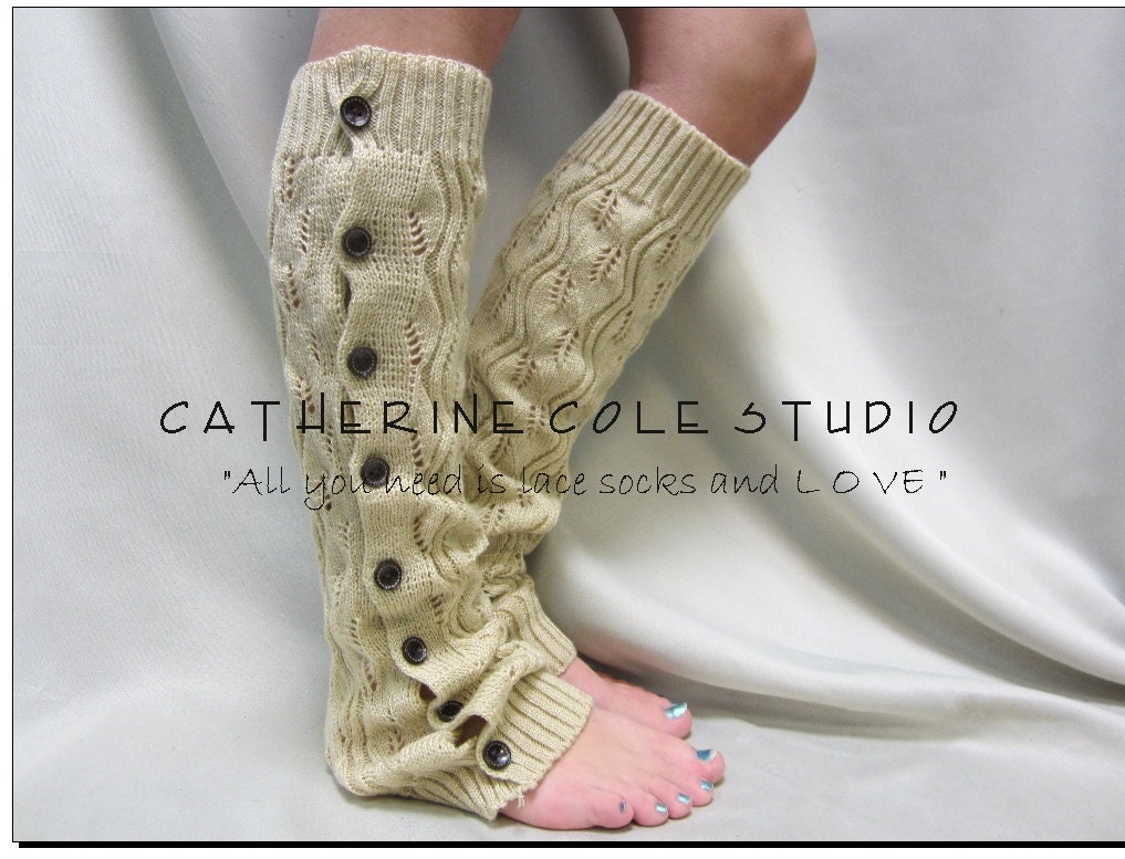 WHEAT leaf crochet knit patterned button down LEG WARMERS great with or without boots by Catherine Cole Studio lace legwarmers leg warmers