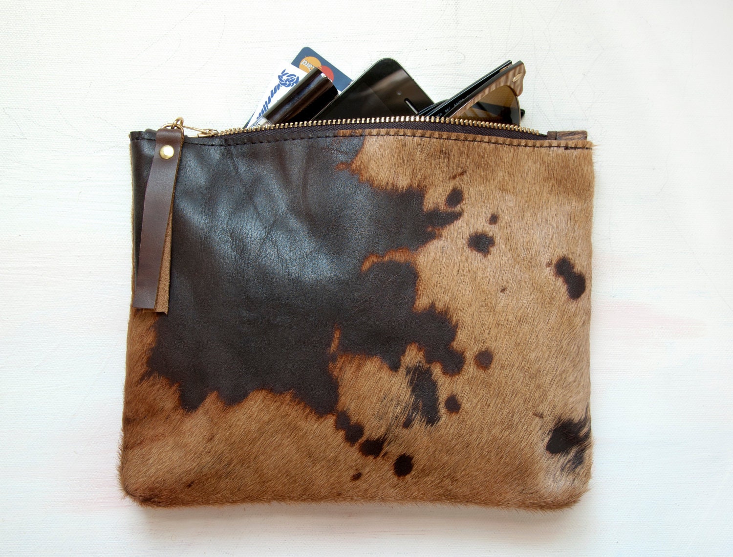 Last one. Ready to ship. A N I M A L Hair on Hide Clutch. Leather Animal Clutch. Brown Leather Clutch