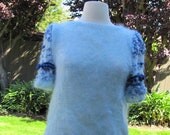 Women Sweater Blouse Mohair Short Sleeves, Light Blue, Beads, Applique,size S/M