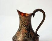 Turkish pitcher, ornate hand engraved copper ewer with handle