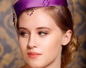 SALE, Purple Plum Vintage Pillbox Hat Cocktail Hat Birdcage Veil Hat 1940 Bridesmaid Fascinator Headpiece Cage Veil Hat