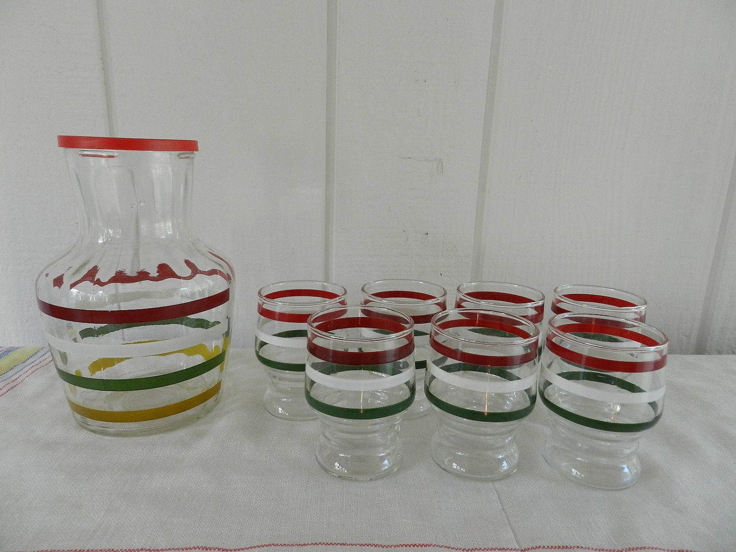 Vintage Striped Juice Carafe and Drinking Glasses in Red Green White LARGE SET