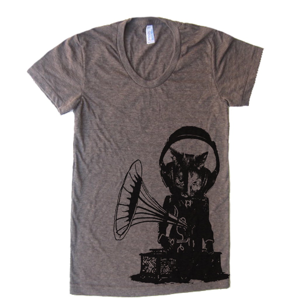 Womens Music Cat T Shirt tee - American Apparel Tshirt - S M L XL (20 Color Options)