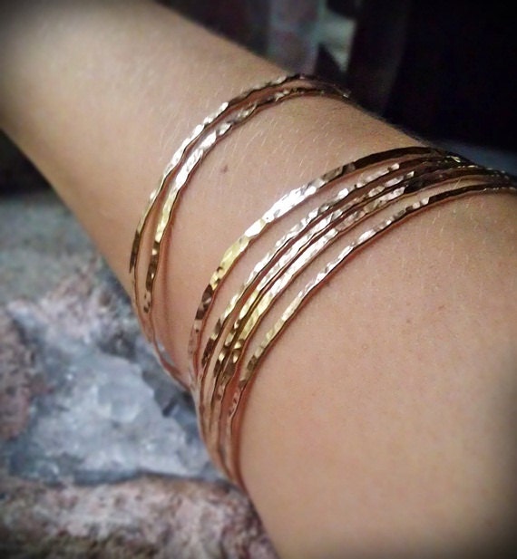 Hammered Gold Bangles 14k Gold Filled stack of 7